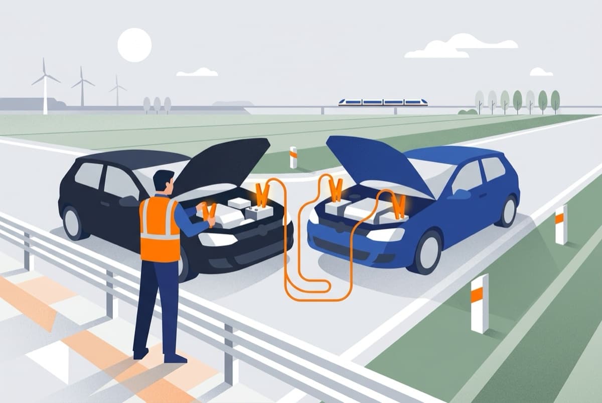 Illustratie: startkabels met oranje klemmen tussen twee auto's, motorkappen open