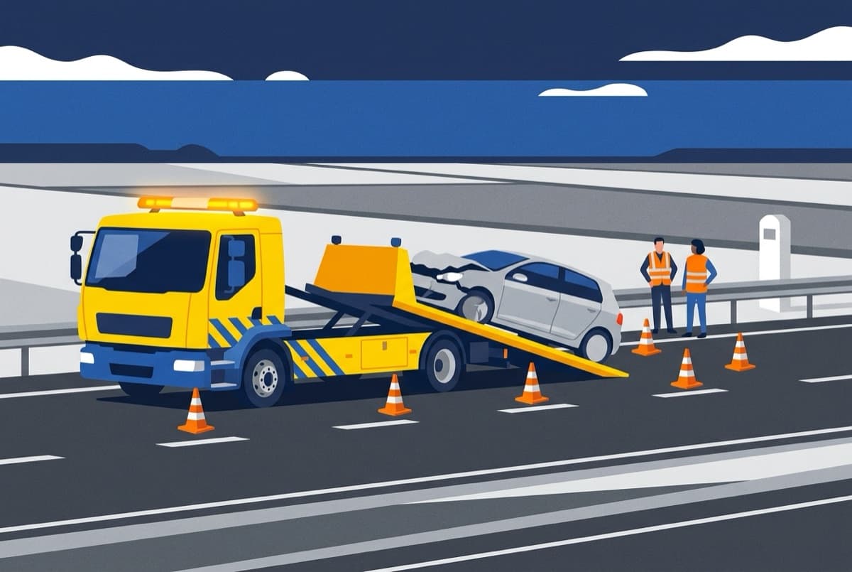 Illustratie: berger laadt een auto op een oprijwagen, afgezet met pionnen
