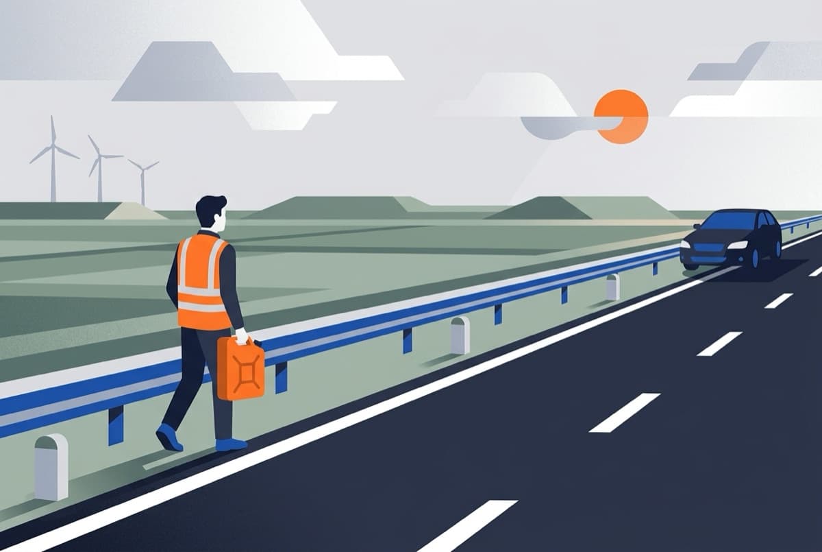 Illustratie: bestuurder loopt met een jerrycan langs de vangrail naar een stilgevallen auto